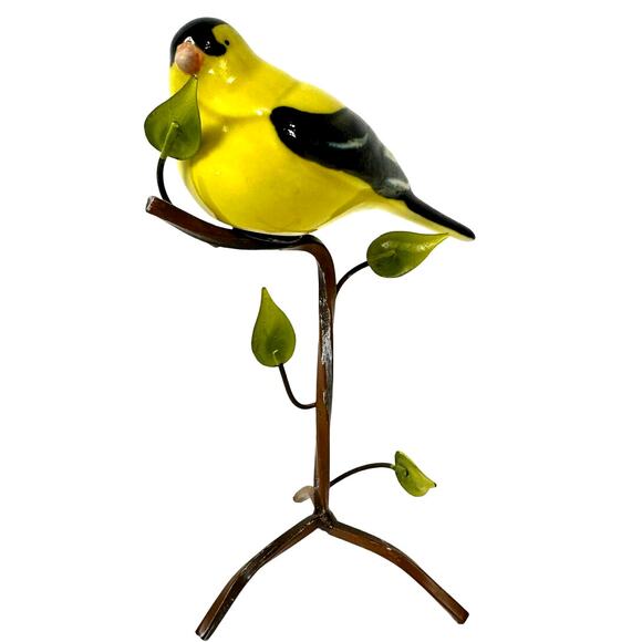 Unique Ceramic Gold Finch Bird Perched on Metal Branch /Twig Stand-Excellent! - Picture 1 of 5